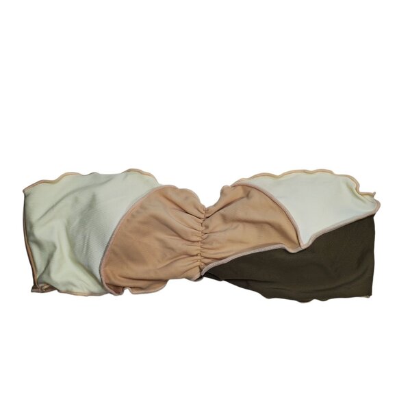 Shein Women's Earthy Cream Brown Patchwork Scalloped Bandeau Bikini Top S‎ - Picture 1 of 3